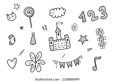 Doodle children kid elements. Kindergarten school child sketch. Castle, numbers, garland, hopscotch, note. Vector coloring illustration isolated on white background.