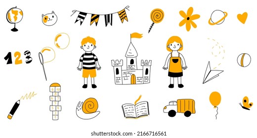 Doodle children kid elements. Kindergarten school boy girl child sketch. Castle, car, garland, book, pencil. Vector orange illustration isolated on white background.