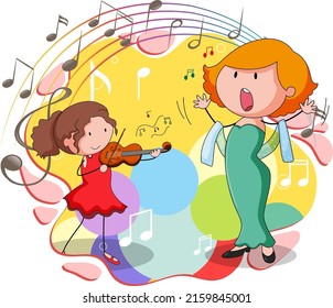 Doodle children with music instrument and melody illustration