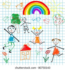 Doodle children on math page background