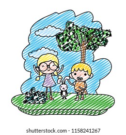doodle children playing with cute rabbit in the forest
