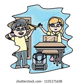 doodle children playing with paper plane in the classroom