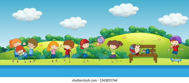 Doodle children playing in the park illustration