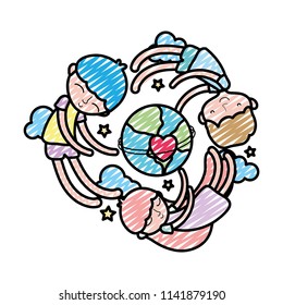 doodle children sleeping around earth planet with heart
