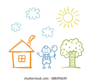 Doodle children`s drawing with happy boy, house, tree, clouds and sun