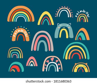 Doodle childrens rainbow set. Abstract colored half rings modern creative textures handdrawn in graphic Scandinavian style colorful curved lines in shape of cats head hearts. Vector flat element.