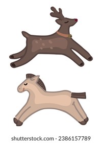 Doodle of children's toys animals. Cartoon clipart of horse and deer figurines. Vector illustration isolated on white.