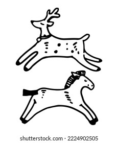 Doodle of children's toys animals. Outline drawing of horse and deer figurines. Hand drawn vector illustration. Clip arts isolated on white..