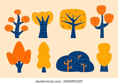 Niños garabatos. Plantas forestales primitivas, bosques infantiles simples con arbustos de estilo naif. Bosque estilizado moderno y abstracto. Ilustración vectorial plana para niños aislados en fondo blanco