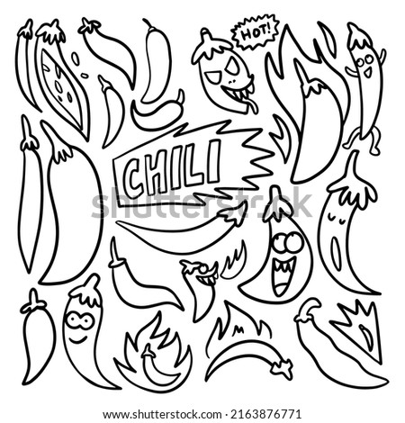 doodle chili handraw cartoon set blak and white