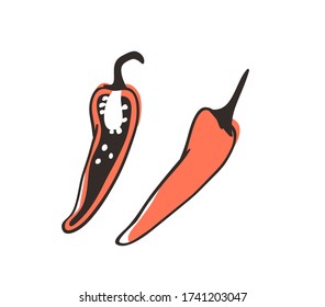 Doodle chili pepper. Hand drawn stylish fruit and vegetable. Vector artistic drawing fresh organic food. Summer illustration vegan ingrediens for smoothies