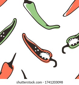 Doodle chili pepper seamless pattern. Hand drawn stylish fruit and vegetable. Vector artistic drawing fresh organic food. Summer illustration vegan ingrediens for smoothies