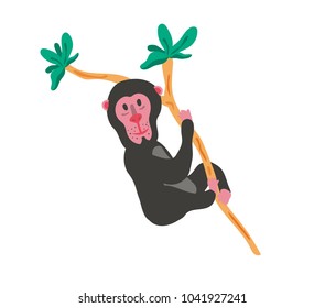 doodle chimpanzee cartoon catching the tree in the forest, isolated on white background, illustration, vector 

