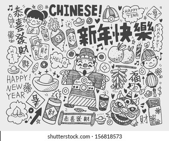 Doodle Chinesischer Neujahrshintergrund, Chinesisches Wort "Frohes neues Jahr" "Gratulation" "Frühling" "Segen"