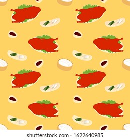 Doodle Chinese peking duck or Beijing roast duck on yellow colored background. Cartoon hand drawn Chinese food, Chinese cuisine and Asian food background. Great for kitchen wallpaper, textile, card.