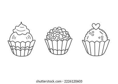 Doodle chocolate candy set. Hand drawn black and white outline sweets collection. Brazilian brigadeiro dessert. Isolated vector illustration