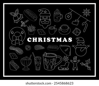 doodle chocolate drink and food, celebrating christmas. with precise strokes of santa and christmas themed knick-knacks. joy, christmas and togetherness