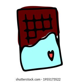 Doodle chocolate image. Cartoon expanded chocolate bar isolated on white background. Sweetness packaged with a heart. Hand drawn sign of sugar, candy, love, Valentine's Day, treat. Vector illustration