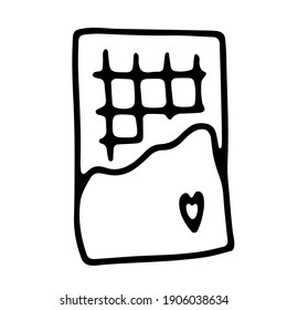 Doodle chocolate image. Outline expanded chocolate bar isolated on white background. Sweetness packaged with a heart. Hand drawn sign of sugar, candy, love, Valentine's Day, treat. Vector illustration