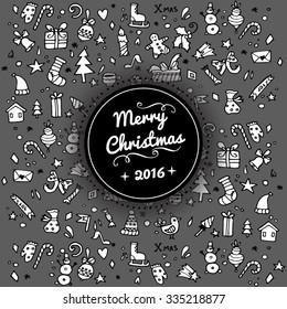 Doodle Christmas background. New Year objects such as mitten, hat, ice skates, mistletoe, candy. Greeting and invitation cards with label. Hand draw illustration.