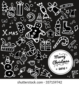 Doodle Christmas background. New Year objects such as mitten, hat, ice skates, mistletoe, candy. Greeting and invitation cards with label. Hand draw illustration.