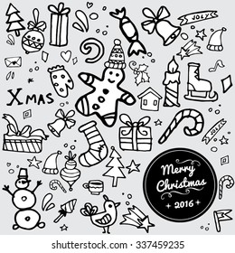 Doodle Christmas background. New Year objects such as mitten, hat, ice skates, mistletoe, candy. Greeting and invitation cards with label. Hand draw illustration.
