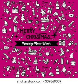 Doodle Christmas background. New Year objects such as mitten, hat, ice skates, mistletoe, candy. Greeting and invitation cards with label. Hand drawn illustration.