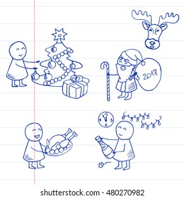 Doodle Christmas background. New Year party. Vector Illustration on striped paper.