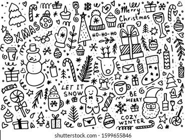 Doodle Christmas background. Winter elements for greeting cards, posters, stickers and seasonal design.