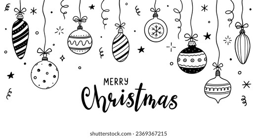 Doodle christmas ball element background. Hand drawn sketch line style xmas ball. Cute merry christmas bauble for border, background design with text place. Isolated vector illustration.