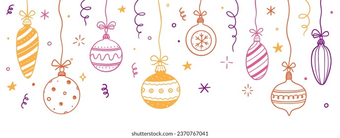 Doodle christmas ball element background. Hand drawn sketch line style xmas ball. Cute merry christmas bauble for border, background design with text place. Isolated vector illustration.
