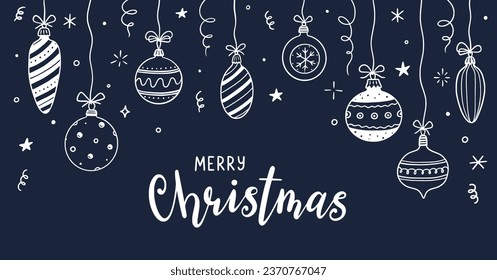 Doodle christmas ball element background. Hand drawn sketch line style xmas ball. Cute merry christmas bauble for border, background design with text place. Isolated vector illustration.