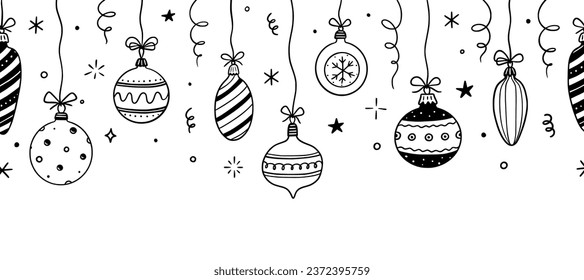 Doodle christmas ball element background. Hand drawn sketch line style xmas ball. Cute merry christmas bauble for border, background design with text place. Isolated vector illustration.