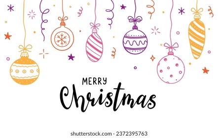 Doodle christmas ball element background. Hand drawn sketch line style xmas ball. Cute merry christmas bauble for border, background design with text place. Isolated vector illustration.