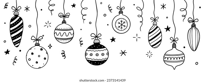 Doodle-Weihnachtsball-Hintergrund. Handgezeichnete Skizze Stil Weihnachtskugel. Fröhliche Weihnachten baut für die Grenze, Hintergrunddesign mit Textstelle. Einzige Vektorgrafik.