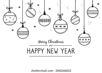 Doodle Christmas Ball Element Set. Hand Drawn Sketch Style Ball. Cute Christmas Bauble For Border, Background Design With Text Place. Isolated Vector Illustration.