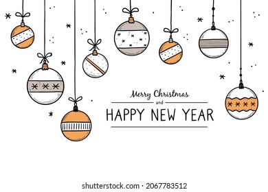 Doodle christmas ball element set. Hand drawn sketch style ball. Cute christmas bauble for border, background design with text place. Isolated vector illustration.