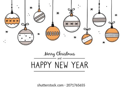 Doodle christmas ball element set. Hand drawn sketch style ball. Cute christmas bauble for border, background design with text place. Isolated vector illustration.