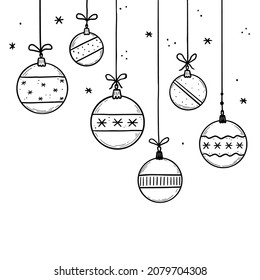 Doodle christmas ball element set. Hand drawn sketch style ball. Cute christmas bauble for border, background design with text place. Isolated vector illustration.