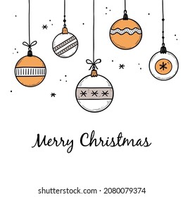 Juego de elementos de la bola de navidad. Balón estilo boceto dibujado a mano. Cita navidad bauble para borde, diseño de fondo con lugar de texto. Ilustración vectorial aislada.