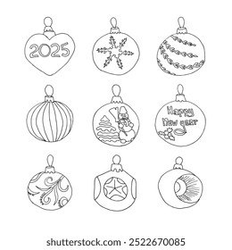 Doodle Christmas ball element set. Sketch style decoration. Coloring page for kids