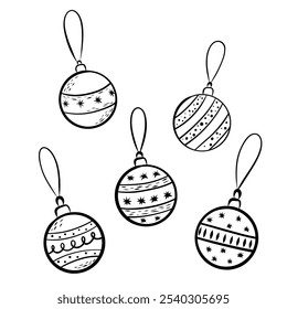 Doodle christmas ball. Hand drawn sketch line style xmas ball. Cute merry christmas bauble for border, background design with text place. Isolated vector illustration.