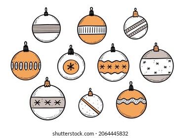 Doodle-Weihnachtskugel-Set. Handgezeichnete Skizze. Farbliche Weihnachten baumeln mit schwarzer Linie. Einzige Vektorgrafik.