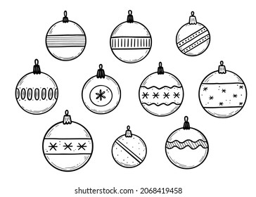 Doodle christmas ball set. Hand drawn sketch style. Christmas bauble with black line. Isolated vector illustration.