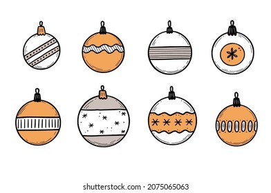 Doodle christmas ball set. Hand drawn sketch style. Color christmas bauble with black line. Isolated vector illustration.