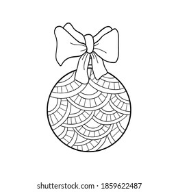 Doodle Christmas ball with striped patterns and bow on white isolated background. Suitable for coloring book pages, card, poster.