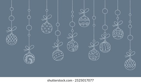 Doodle Christmas balls in the form of a garland hanging on a rope. Vector color clipart illustration.