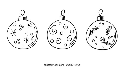Doodle Christmas balls set,hand drawn decorations,New Year toys,festive elements.Use for holiday cards,coloring book, posters,banners,calendars,print.Outline drawing.Isolated.Vector illustration