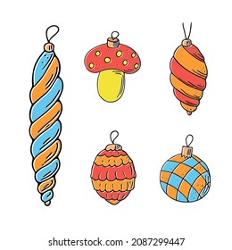 Juego de bolas de Navidad Doodle, decoraciones dibujadas a mano, juguetes de Año Nuevo, elementos festivos.Utilizar para tarjetas de vacaciones, carteles, pancartas, calendarios,imprimir.Dibujo de esquema.Aislado.Ilustración vectorial