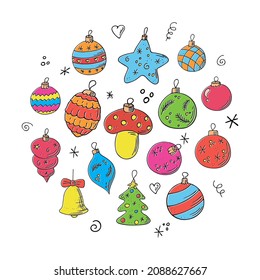 Doodle Christmas balls set,hand drawn decorations,New Year toys,festive elements.Use for holiday cards,posters,banners,calendars,print.Outline drawing.Isolated.Vector illustration